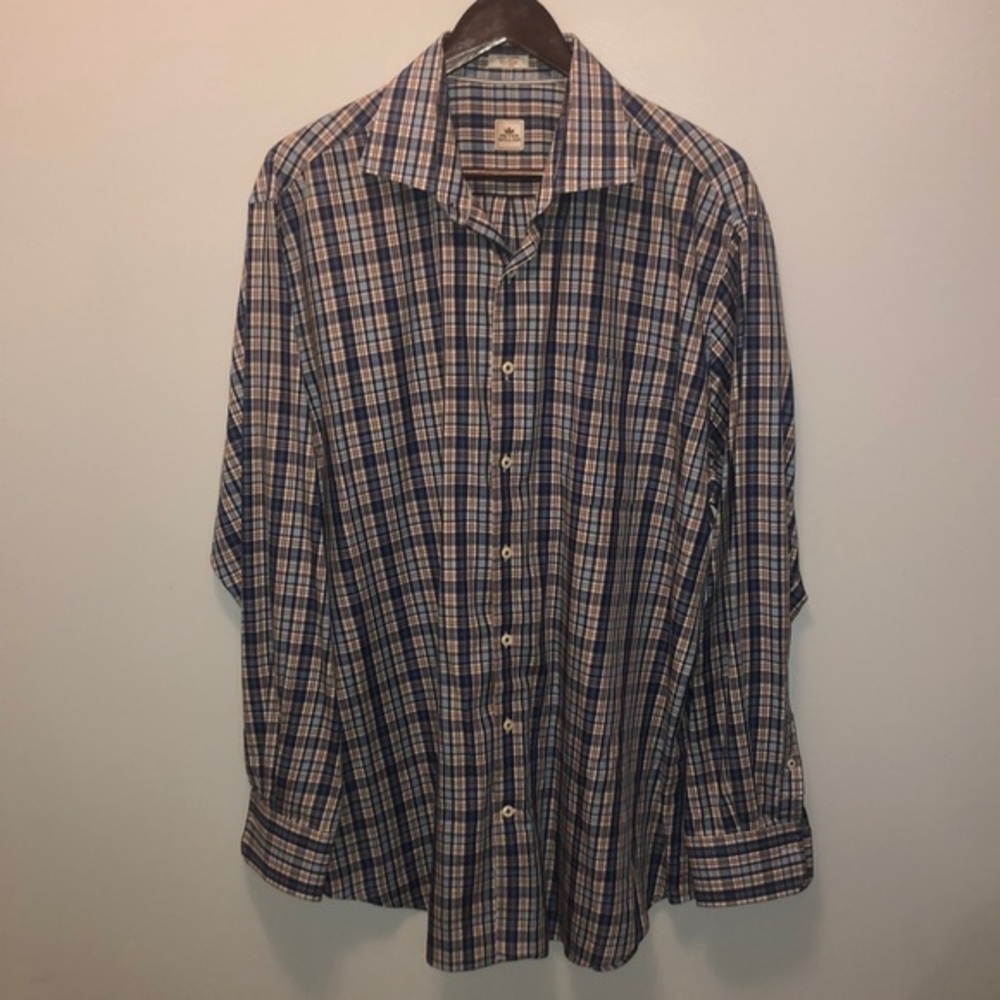 PETER MILLAR Blue/Tan Plaid Dress‎ Shirt - Mint Cond - 100% Cotton - XL